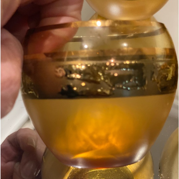 MCM Set of Six Frosted Amber With Gold Greek Key Accent Roly Poly Bar Glasses - Picture 5 of 6